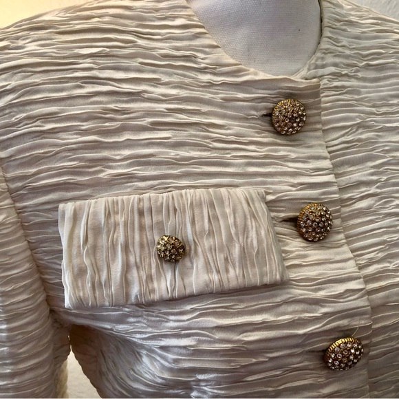 Ivory Jacket w/ rhinestone buttons w/ textured/ribbed / gathered fabric. - Picture 6 of 9